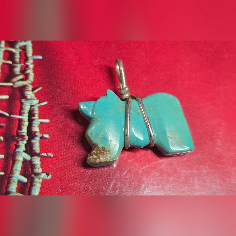 Native American Zuni Carved Turquoise Bear Fetish, Sterling Silver Pendant